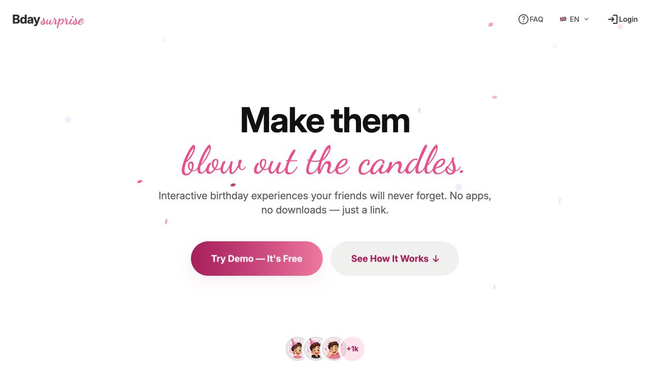 BdaySurprise live product homepage