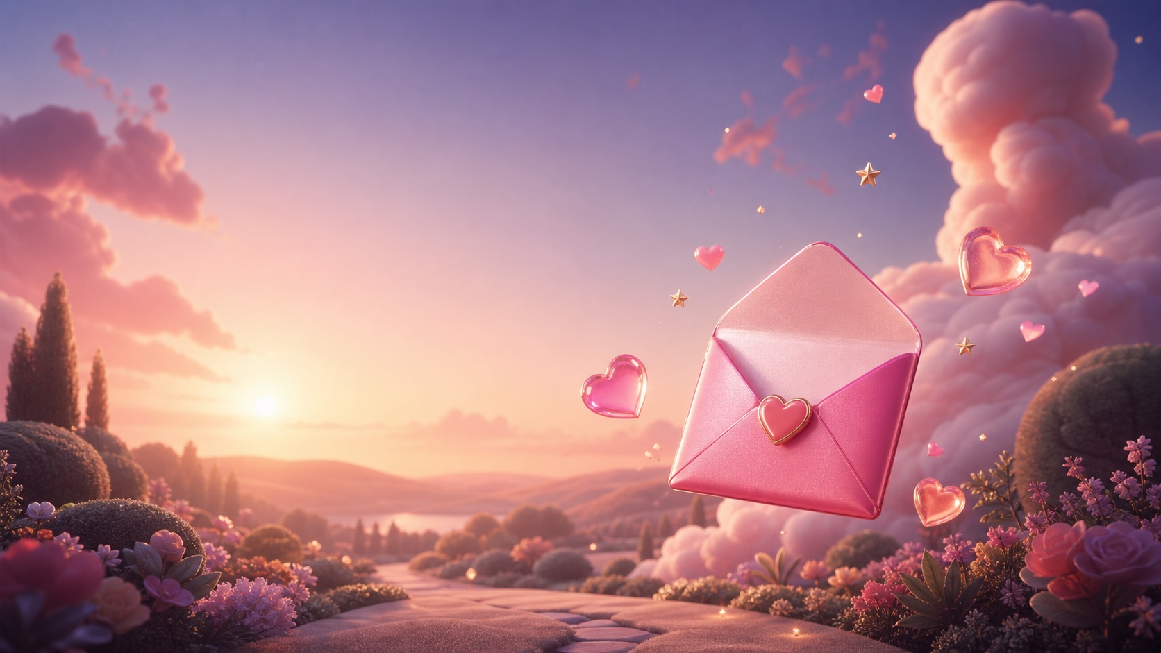 PlanYour.Date floating invitation in a dreamy sunset landscape