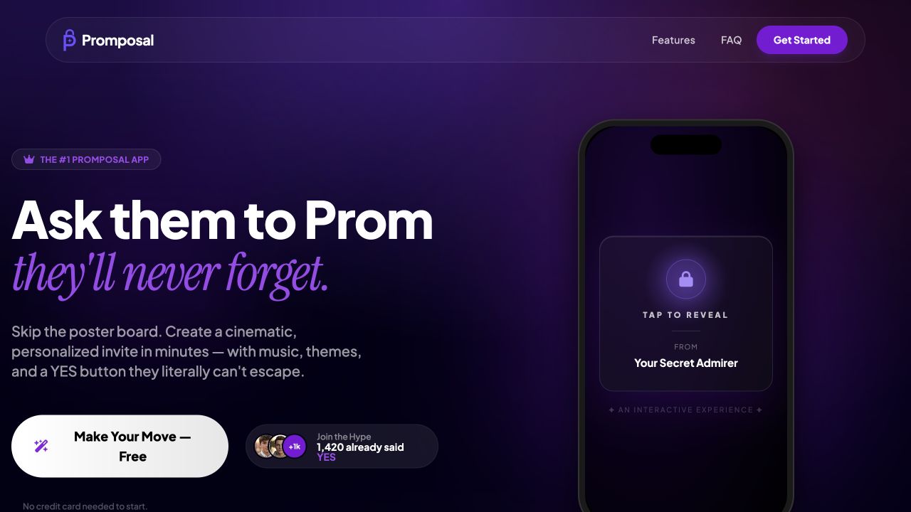 Promposal live product homepage