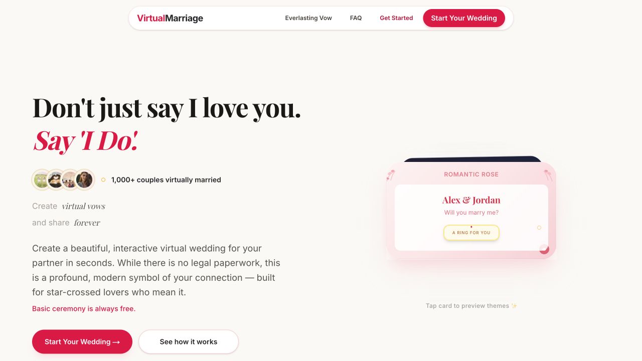 VirtualMarriage live product homepage